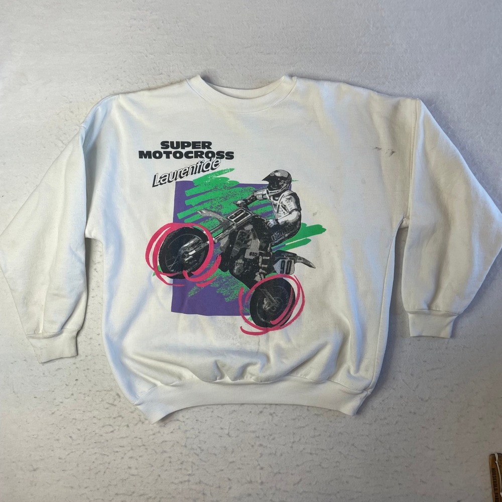 Tultex Super Motocross Laurentide Sweatshirt XL White Vintage Graphic Pullover